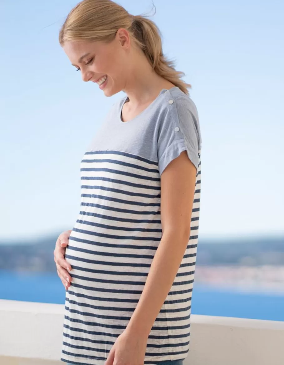 Online Seraphine Camiseta De Mezcla De Lino A Rayas De Maternidad A Lactancia - Azul Y Blanco