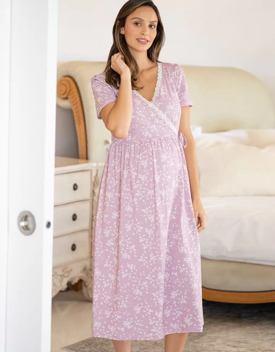 Shop Seraphine Camison Cruzado Premama A Lactancia Con Estampado Floral Lila Y Ribete De Encaje