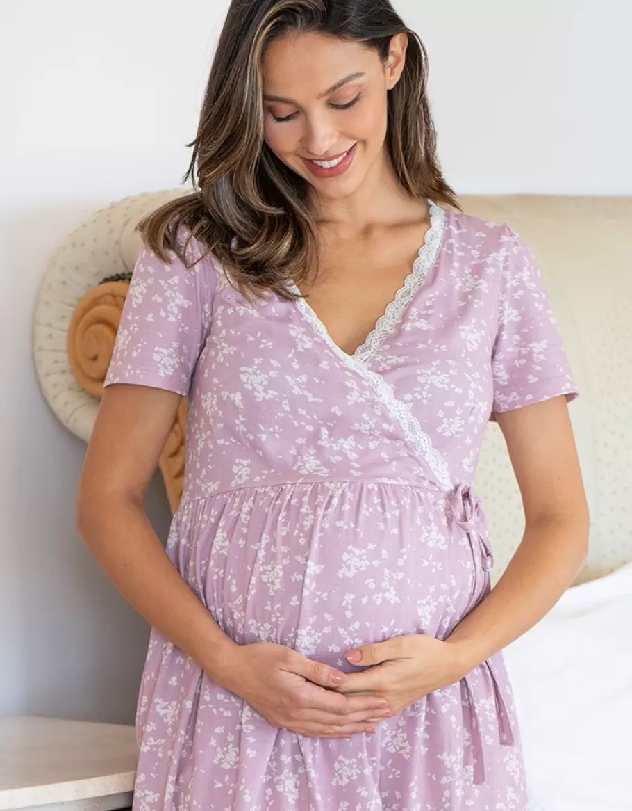 Shop Seraphine Camison Cruzado Premama A Lactancia Con Estampado Floral Lila Y Ribete De Encaje