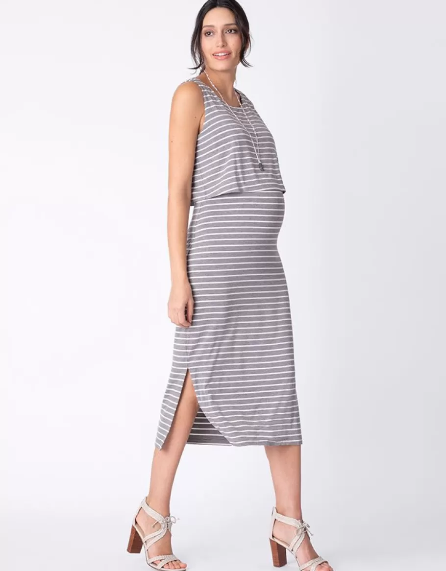 New Seraphine Vestido Lactancia Premama A Rayas Midi - Gris