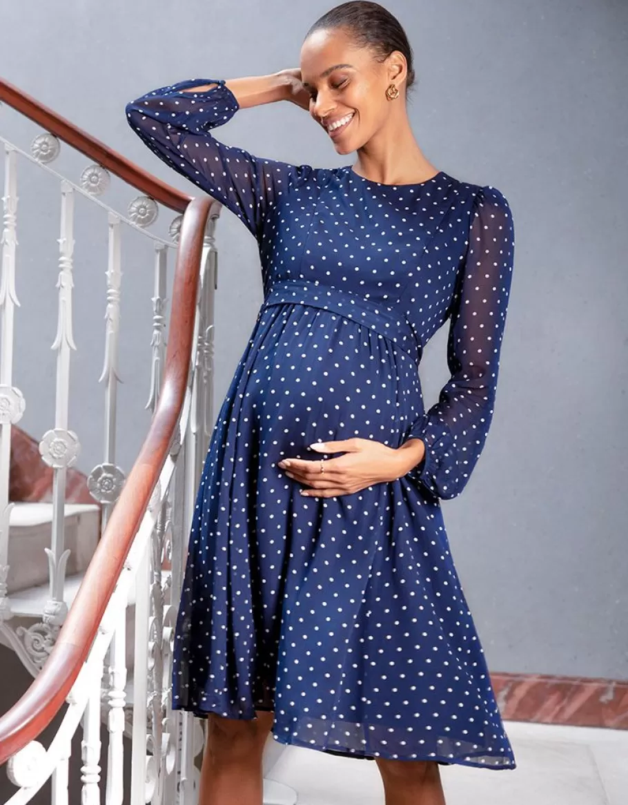 Cheap Seraphine Vestido Premama De Gasa Con Lunares Blancos Y Azul Marino